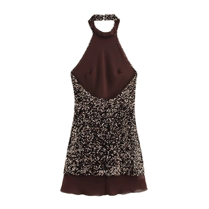 Sparkly sequin halter neck backless party mini dress in brown and gold hues