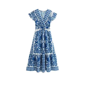 Women Summer V Neck Printed Maxi Dress Blue White Porcelain Style Flutter Sleeve High Waist Tiered Boho A-Line Long Dress