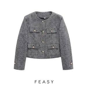 Women's Herringbone Tweed Jacket Elegant Round Neck Gold Button Crop Coat Vintage Office Party Outerwear Fashion Apparel