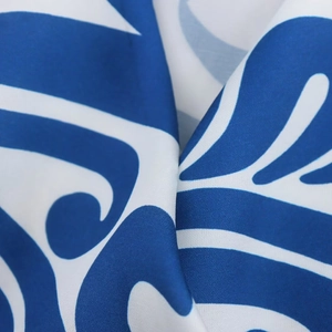 Women's summer V-neck maxi dress with modern blue and white abstract wave print fabric