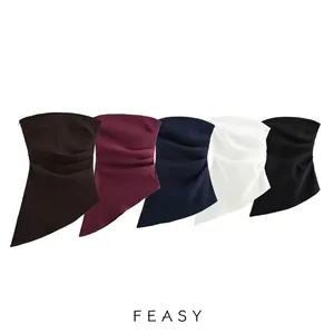 Haut Bustier Sexy Pour Femmes Avec Détails Froncés Et Ourlet Asymétrique Sensation Satin Couleur Unie Coupe Ajustée Streetwear Party Club Top