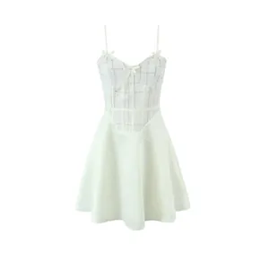 Robe Mini à Bretelles Style Français Col en V pour Femme Patchwork en Tweed Blanc Robe Trapèze avec Nœuds pour Fête