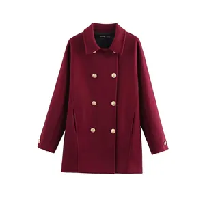 Women Double Breasted Wool Blend Coat Wine Red Fashion Lapel Long Sleeve Outerwear With Golden Buttons For Winter Office