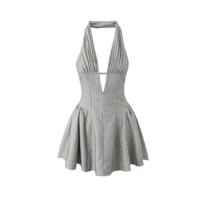 Damen Neckholder Kleid Deep V Rückenfrei Mini Satin Polyester Fischgrätenmuster Gepunktet Plissee Schleife Elegantes Partykleid