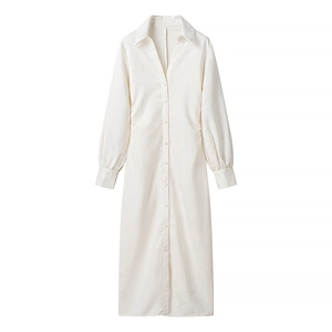 Elegantes elfenbeinfarbenes Jacquard-Kleid mit V-Ausschnitt, Kordelzug und langen Ärmeln
