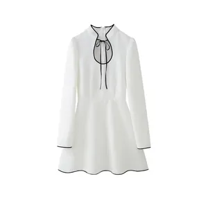 Abito Elegante da Donna Con Collo in Piedi Manica Lunga Linea A Mini Abito Bordo a Contrasto Fiocco Ufficio Bianco