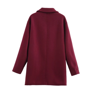 Back view of classic wine red double-breasted wool blend coat for women with lapels