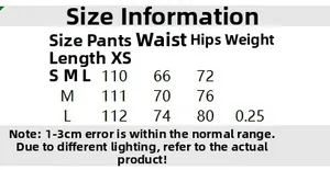 Size guide table for high stretch cutout trousers showing length, waist, and hip measurements