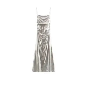 Women Silver Metallic Foil Pleated Cami Maxi Dress Spaghetti Strap High Waist A-Line Elegant Party Evening Long Dress
