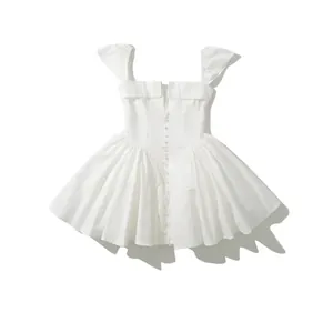 Women Elegant Solid White Mini Dress Square Neck Button Front Pleated Ruffle Sleeveless Slim Fit Sexy Short Sundress
