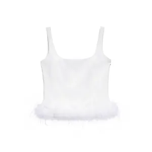 Haut Court à Bretelles Blanc Col Carré Garniture Plumes Femme Élégant Coupe Slim Sans Manches Débardeur Mode Soirée
