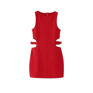 Vestido Mini Sin Mangas Rojo Para Mujer Cuello Redondo Elegante Cintura Alta Diseño Con Aberturas Hebilla Metálica Vestido De Fiesta