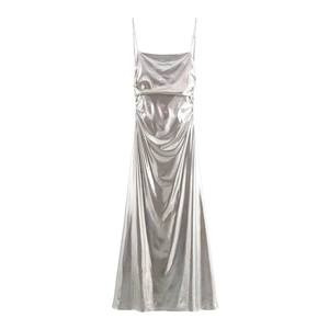 Elegant silver metallic foil pleated maxi dress with spaghetti straps for parties