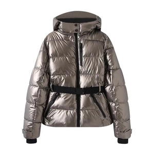 Women's metallic silver hooded ski jacket with a black adjustable waist belt