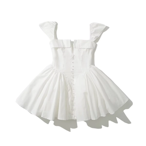 Elegant white square neck sleeveless pleated mini dress with corset style button detail