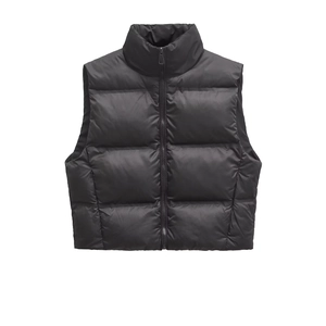 Women's black quilted puffer vest with stand collar and sleek matte nylon finish