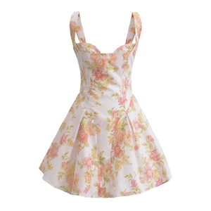 Detail of floral print pattern on a summer mini dress with sweetheart neckline