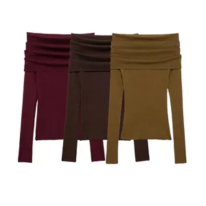 Women Off-Shoulder Ruched Ribbed Knit Top Slim Fit Long Sleeve Pullover Elegant Streetwear Solid Color Knit Sweater