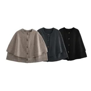 Women Elegant Knit Poncho Cape Round Neck Button Down Double Layer Hem Knitwear Sweater Streetwear Outerwear Top