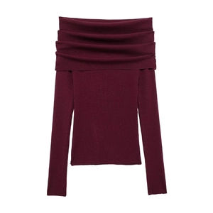 Chic burgundy off-shoulder ribbed knit long sleeve top with elegant folded neckline