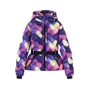 Women's hooded ski jacket featuring multi-color digital print and adjustable waist belt