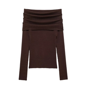 Off-shoulder ribbed knit long sleeve top in chocolate brown color with foldover neckline