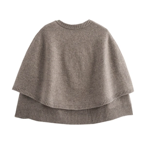 Women's 2025 fashion knit poncho sweater in taupe with layered design and ribbed edges