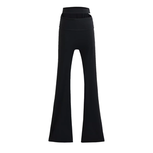 Women's black high waist flare pants with cutout layered waist and stretchy slim fit