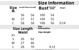 Detailed size chart for shirt and skirt set including length, chest, and waist measurements