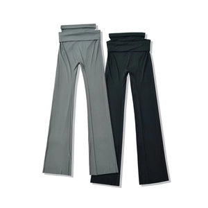 High waist flared yoga pants with fold-over waistband in grey and black stretch fabric