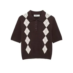 Women Vintage Argyle Knitted Polo Shirt Short Sleeve Button Down Casual Brown Checkered Sweater Top For Daily Wear