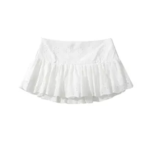 Women's White Cotton Lace Eyelet Embroidery Skort Mini Pleated Ruffle Short Skirt With Invisible Zipper Sweet Spicy Style