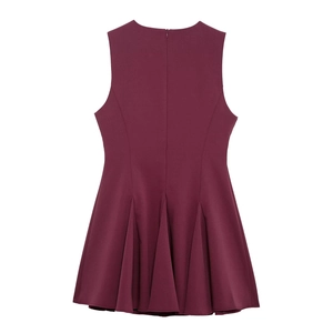 Elegant sleeveless A-line mini dress in deep wine red with a flared pleated skirt