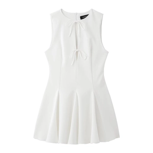 White sleeveless pleated mini dress with bow ties and keyhole neckline design