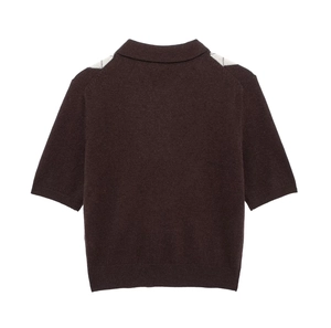 Back view of brown knit short-sleeve Polo shirt with argyle shoulder patterns