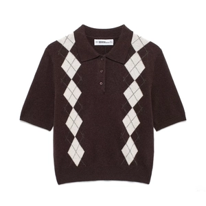 Women's brown argyle knit polo shirt with short sleeves and classic collar design