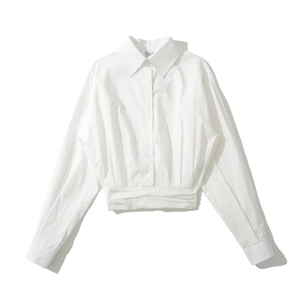 Detailed view of white long sleeve crop shirt with pleated waist and classic button collar