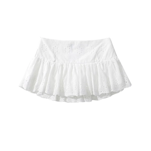 White eyelet lace mini skort with tiered ruffles and floral embroidery details