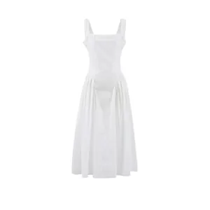 Elegante Vestito Midi Bianco Scollo Quadrato Senza Schienale per Donna Estate Senza Maniche Plissettato a Linea a Vita Alta Abito a Spalline