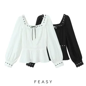 Chemisier Femme Col Carré Bordure en Dentelle Style Français Manches Bouffantes Broderie Chemise Élégant Top à Taille Basques pour Femme