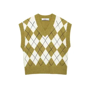 Women Vintage Argyle Pattern V-Neck Knit Sweater Vest Sleeveless Pullover Top Preppy Style Waistcoat Casual Soft Knitwear