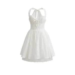 Women French Country White Halter Neck Embroidered Lace Mini Dress Sweetheart Bow Lace-Up Backless A-Line Party Dress