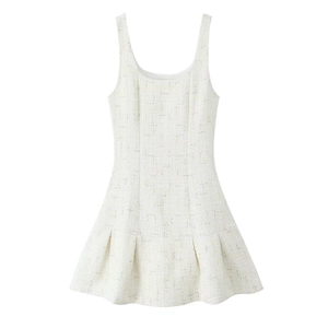Elegant off-white tweed sleeveless mini dress with square neck and pleated A-line skirt