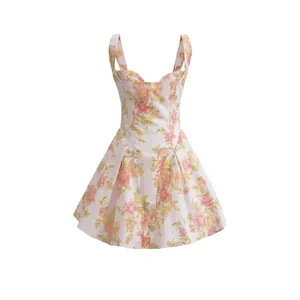 Floral Print Camisole Mini Dress Sweetheart Neck High Waist Sleeveless A-Line Pullover Sweet Summer Fashion Short Dress
