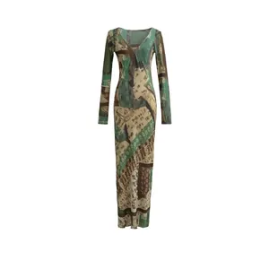 Damen Vintage Bedrucktes Maxi Kleid Mit V-Ausschnitt Langarm Elegant Bohemian Patchwork Lange Kleider Für Den Alltag