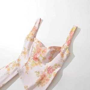 Pink floral mini sundress with wide straps and sweetheart neckline for women