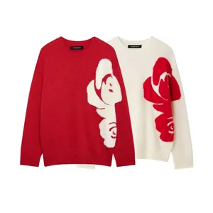 Women's Casual Knitted Sweater Round Neck Long Sleeve Pullover With Large Plush Flower Patch Streetwear Fashion Jumper