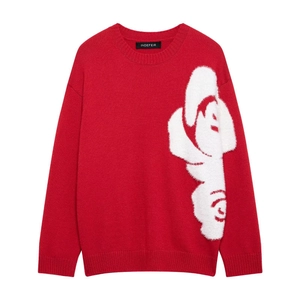 Women's bright red crew neck knit sweater with large white plush floral pattern detail