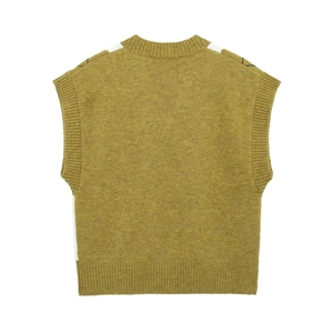 Women's spring diamond knit vest in mustard yellow featuring ribbed edges and a round neck