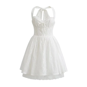 White halter dress with floral embroidery and tiered skirt for casual summer wear